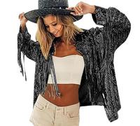 Sequin Fringe Jacket for Women Cocktail Party Glitter Cardigans 90s Retro Fashion Disco Fringe Jacket Country Theme Bridal Trends Jacket Open Front Long Sleeve Sparkly Carnival (Black, One Size)
