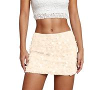 Sequin Glitter Bodycon Mini Skirt with Reflective Metallic Shine for Evening Party Club, White, S