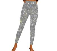Sequin Glitter Leggings for Women UK Elastic High Waisted Shiny Clubwear Stretchy Skinny Sexy Tights for Dancing Party Slim Fit Stretchy Yoga Fitness Slacks Long Pants for Ladies Silver