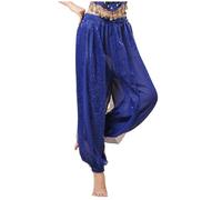 Sequin Harem Pants for Women High Waisted Belly Dance Lantern Pants Chiffon Costume Coin Stage Trousers for Yoga Casual Gym and Sports Loose Fit Hippie Clothes, 01-Blue, L