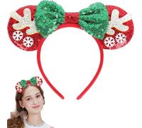 Sequin Headband, Red Christmas Bear Ear & Green Bow Headband Reindeer Antlers Headband Snowflower Hair Accessory for Women Girls Christmas New Year Eve Party