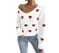Sequin Heart V-Neck Jumper Sweater for Women Shiny Glitter Embellished Knit Pullover