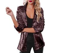 Sequin Jacket Blazers for Women UK Solid Color Long Sleeve Open Front Cardigan Fitted Long Sleeve Blazer Bomber Jacket Casual Party Suit Lightweight Goth Special Occasions Wedding Tops (BA-Wine, XL)