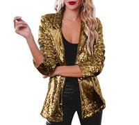 Sequin Jacket Blazers for Women UK Solid Color Long Sleeve Open Front Cardigan Fitted Long Sleeve Blazer Bomber Jacket Casual Party Suit Lightweight Goth Special Occasions Wedding Tops (B1-Gold, XL)
