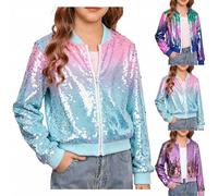 Sequin Jacket for Kids Girls Boys Sparkly Bomber Jackets Shiny Glitter Long Sleeve Crew Neck Flight CardiganTops Gradient Shimmer Coats Sparkle Casual Sequins Baseball Jacket (Blue #1, 9-10 Years)