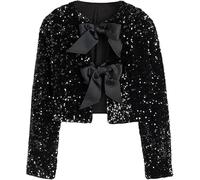 Sequin Jacket for Women: Sparkly Cropped Tie-Front with Bowknot Belt, Glitter Ladies Long Sleeve Split Lapel Tops for Party, Club, Going Out