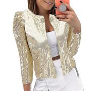 Sequin Jacket for Women UK Solid Color Long Sleeve Open Front Cardigan Fitted Long Sleeve Jacket Casual Party Suit Lightweight Goth Wedding Tops Concert Outfit (C1-Beige, XXL)