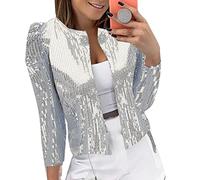 Sequin Jacket for Women UK Solid Color Long Sleeve Open Front Cardigan Fitted Long Sleeve Jacket Casual Party Suit Lightweight Goth Wedding Tops Concert Outfit (C1-Silver, XXXL)