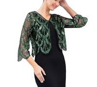 Sequin Jacket with Three Quarter Sleeves, Short Cardigan, Cheongsam with Small Scarf Over the Shoulder, Thinner for Scarf, Square Women, Green, One Size