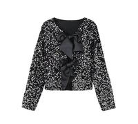 Sequin Jackets for Women Sparkly Cropped Jacket Shiny Tie-Front Sequin Jacket with Bowknot Belt Glitter Ladies Long Sleeve Split Lapel Tops Short Y2K Waisted Jacket Party Club Going Out