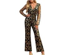 Sequin Jumpsuit for Women UK Clearance,Sexy V-neck Sequin Overalls Mesh Patchwork Shimmer Long Sleeve Romper Black Sparkly Straight Leg Jumpsuit Elegant Party Evening Playsuit One Piece Outfits S-XXL