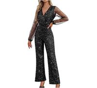 Sequin Jumpsuit for Women UK Clearance,Sexy V-neck Sequin Overalls Mesh Patchwork Shimmer Long Sleeve Romper Black Sparkly Straight Leg Jumpsuit Elegant Party Evening Playsuit One Piece Outfits S-XXL
