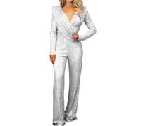 Sequin Jumpsuit for Women UK Clearance,Sexy V-neck Sequin Overalls Mesh Patchwork Shimmer Long Sleeve Romper Black Sparkly Straight Leg Jumpsuit Elegant Party Evening Playsuit One Piece Outfits S-XXL