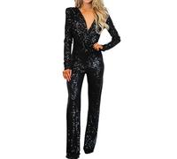 Sequin Jumpsuit for Women UK Clearance,Sexy V-neck Sequin Overalls Mesh Patchwork Shimmer Long Sleeve Romper Black Sparkly Straight Leg Jumpsuit Elegant Party Evening Playsuit One Piece Outfits S-XXL