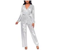 Sequin Jumpsuit for Women UK Sparkly Long Sleeve V Neck Playsuits Sexy High Waist Overalls Glitter Slim Fit Rompers Ladies Shiny Elegant Wedding Outfit with Bowknow Cocktail Prom Club Festival