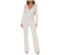 Sequin Jumpsuit for Women UK V Neck Long Sleeve Romper Sparkly Glitter Playsuit Ladies Elegant Wedding Party Clubbing Rompers Office Evening Trousers Glitter Bling Clubwear