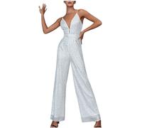 Sequin Jumpsuits for Women UK Wedding Sparkle Elegant Party Playsuit Black Clubbing Romper Wide Leg Office Evening Trousers Diamond V Neck Sexy Jumpsuit Ladies Glitter Playsuits Bling Clubwear