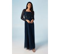 Sequin Long Sleeve Corset Tulle Bridesmaid Dress Coast Navy 10