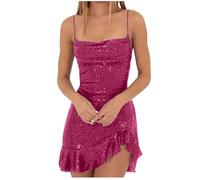 Sequin Mini Dress for Women - Spaghetti Strap Sleeveless Backless Glitter Evening Gown - Formal Short Sparkly Swing A-Line Ruffle Dance Dress - Clubwear - Hot Pink