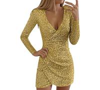 Sequin Mini Dress Women | V-Neck A-Line Prom Dresses Sexy Sparkle Sequin Mini Dresses Retro Ruched Front Wrap Hip Bodycon Formal Wedding Bridesmaid High-Waist Party Dress Ball Gowns Dress Yellow