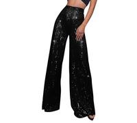 Sequin Pant for Women Elastic High Waisted Pull On Flare Bottoms Party Club Night Out Dance Stretch Sparkly Pants, Black, Large