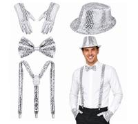 Sequin Party Costume Set Disco Outfit Accessories Fancy Dress for adults | Glitter Hat, Bow Tie, Braces & Gloves for Women & men Carnival, Halloween Accessories 70s 80s Theme Party Dance Show Stage
