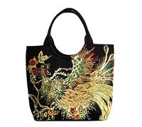 Sequin Peacock Embroidered Ethnic-Style Handbag Canvas Tote Bag Hand Embroidered Phoenix Bag Women Casual Shoulder Crossbody Beads Pendant Top Handle Large Capacity Handbag (Black)