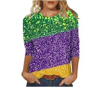 Sequin Printed Tops Mardi Gras Novlty Sweatshirts 3/4 Sleeve Round Neck Raglan Costume Carnival Party Shirts Top Plus Size Party Night Elegant Holiday Dressy Blouses Cocktail Club Outdoor