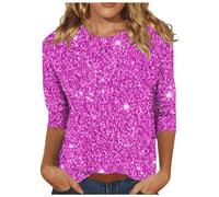 Sequin Printed Tops UK Women Round Neck Solid 3/4 Sleeve Pullover Jumpers Womens Sparkly Sweater Shimmer Shirt Glitter Top Sparkly Festival Party Blouses Shining Tees UK Size Clearance Purple