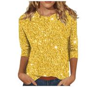 Sequin Printed Tops UK Women Round Neck Solid 3/4 Sleeve Pullover Jumpers Womens Sparkly Sweater Shimmer Shirt Glitter Top Sparkly Festival Party Blouses Shining Tees UK Size Clearance Yellow