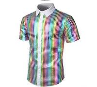 Sequin Shirt for Men Shiny Metallic Dress Shirts 70s Disco Shirts Lapel Satin Shirts Sparkle Shirts Slim Fit Short Sleeved Button Up Shirt Glitter Shirt for Rock Prom Disco Party Costume Green