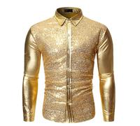 Sequin Shirt for Men Shiny Metallic Long Sleeved Shirt Satin Button Down Shirts 70s Disco Shirts Glitter Shirt Slim Fit Dress Shirts Sparkle Shirts for Club Rock Hip Hop Disco Party Cosplay Gold