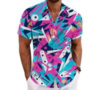 Sequin Shirt for Men Short Sleeve 70s Retro Men's Shirts 80s Shirt for Men Tropical Print Button Up Shirt Casual Summer Beachwear for Nightclub 70s Disco Outfit Multicolour