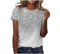 Sequin Shirt for Women UK Sparkling Crystal Printed Shirts Round Neck Short Sleeve Blouses TShirts Ladies Shimmer Pullover Glitter Top Sparkly Festival Party Shining Tees Summer Tops S-XXL Clearance