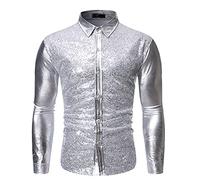 Sequin Shirt Men's Glitter Long Sleeve Shirt Metallic Shiny Casual Shirt Satin Shirts Disco Party Clothing 80s Costume 70s Carnival Outfits Night Club Performance Costumes, X01 Silver, M