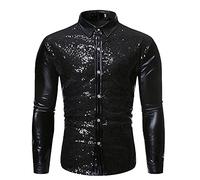 Sequin Shirt Men's Glitter Long Sleeve Shirt Metallic Shiny Casual Shirt Satin Shirts Disco Party Clothing 80s Costume 70s Carnival Outfits Night Club Performance Costumes, X01 Black, L