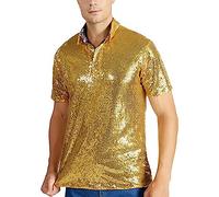 Sequin Shirt Men's Glitter Short Sleeve Metallic Top Shiny Shirts Glitter Button 70s Costume Sequin Shirt Slim Fit Night Club Plain Casual Shirt, gold, XXL