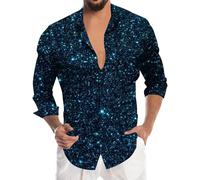 Sequin Shirt Men's Long Sleeve Glitter Shirt Satin Lapel Fashion Golden 80s Shiny Slim Fit Long Sleeve Shirt Business for Party Night Club Party, blue, XXL