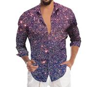 Sequin Shirt Men's Long Sleeve Glitter Shirt Satin Lapel Fashion Golden 80s Shiny Slim Fit Long Sleeve Shirt Business for Party Night Club Party, dark purple, XL
