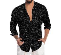 Sequin Shirt Men's Long Sleeve Glitter Shirt Satin Lapel Fashion Golden 80s Shiny Slim Fit Long Sleeve Shirt Business for Party Night Club Party, black, 3XL