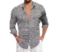 Sequin Shirt Men's Long Sleeve Glitter Shirt Satin Lapel Fashion Golden 80s Shiny Slim Fit Long Sleeve Shirt Business for Party Night Club Party, silver, XXL