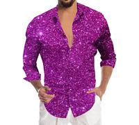 Sequin Shirt Men's Long Sleeve Glitter Shirt Satin Lapel Fashion Golden 80s Shiny Slim Fit Long Sleeve Shirt Business for Party Night Club Party, purple, M