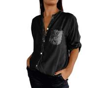 Sequin Shirt Women Button Down Longline Cotton Open Front Shirts Summer Long Sleeve Party Lapel Shiny Sparkly Evening Top V-Neck Solid Color Plus Size Glitter Blouse With Pockets (A1-Black, XXXXXL)