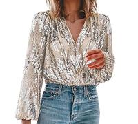 Sequin Shirts for Women Boho Tops Elegant Casual Ladies Blouses Work V-Neck Long Sleeve Sparkly Tunic Top Multi-Layer Folds Sparkly Evening Wear Fashion Outfits for Women