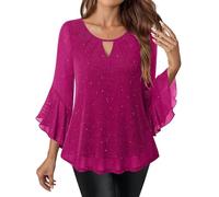 Sequin Shirts for Women V Neck Sparkle Blouses Shimmer Glitter T-Shirts Loose Fit Pullover Ladies Elegant Casual Ruffle Sleeve Chiffon Tee Shirt Party Club Evening Wear Tshirts Soft Comfy Mesh Tees