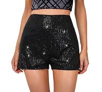 Sequin Shorts for Women High Waist Elastic Sparkly Straight Leg Short Glitter Sparkle Hot Pants Solid Party Black, Black, XS