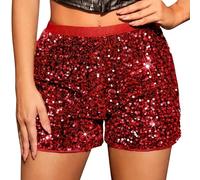 Sequin Shorts for Women Sexy Sparkly Straight Leg Summer Shorts Solid ColorNight Out Glitter Hot Party Pants Club Nights Themed Gatherings High Waist Elastic Band Short Pants with Pockets Size 8-16