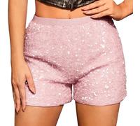 Sequin Shorts for Women Sexy Sparkly Straight Leg Summer Shorts Solid ColorNight Out Glitter Hot Party Pants Club Nights Themed Gatherings High Waist Elastic Band Short Pants with Pockets Size 8-16
