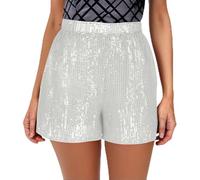 Sequin Shorts Waisted Shorts Elastic Straight Leg Shiny Hot Short Sexy Sparkle Glitter Rave Pants for Party Concert Casual Loose A Line Hot Pants for Club Wear Night-Out Dance Costume White