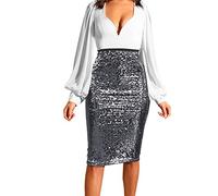 Sequin Skirt for Women UK Solid Color Sequined High Waisted Slim Fitting Butt Lifting Casual Skirt Glitter Skirt Elastic Waist A Line Hip Skirt Sparkly Mini Skirt Dancing Party Going Out Skirt Silver